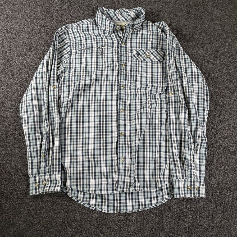 Duck Camp Shirt Mens Large Blue Plaid Button Down Stretch Outdoor EUC